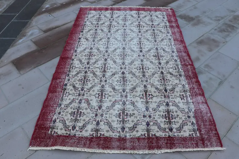 Vintage Türk Halısı, 5x8 ft Alan Halısı, Kırmızı Mavi İkat Halı - 1