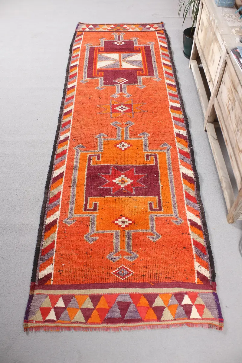 Türk Herki Yolluk Halısı 3.1x9.7 ft (95x295 cm), Vintage Turuncu Çiçekli Yün Halı - 1