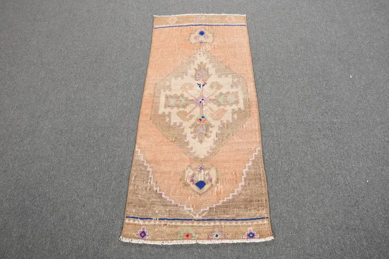 Turkish Vintage Rug 1.8x4.1 ft, Brown Oushak Camouflage Rug - 1