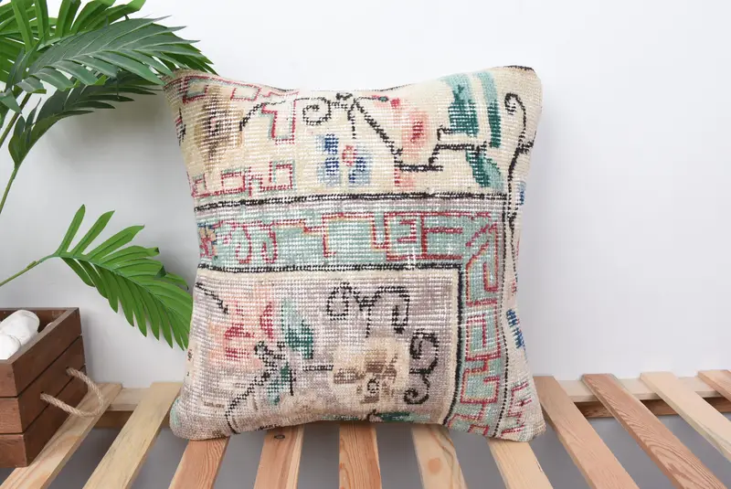 Beige & Grün besticktes Wurfkissen, 18x18 Vintage Kissen