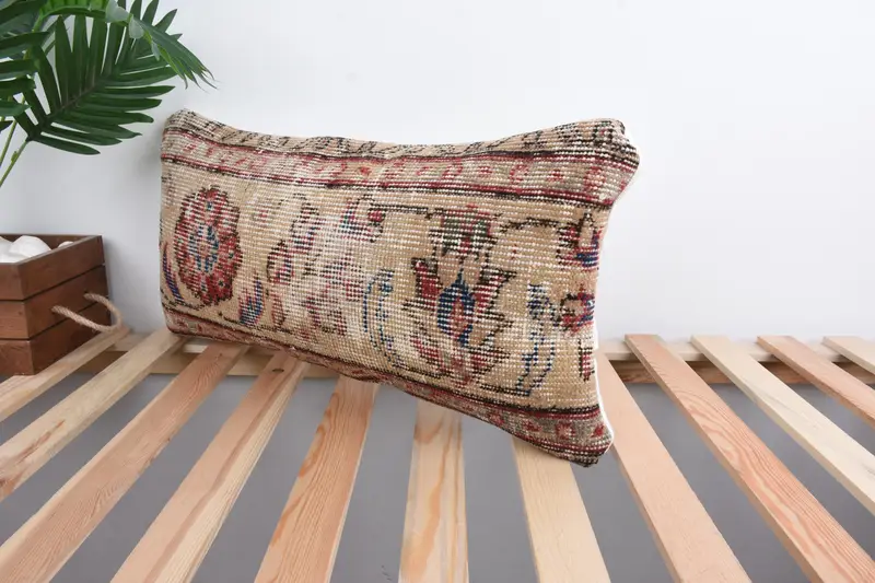 Boho Pillow Sham Cover, Turkish Pillow, Square Throw Cushion Case, 12x24 Beige Cushion Case, Pillow Sham, Knitted Cushion, Throw Kilim Pillow - 5