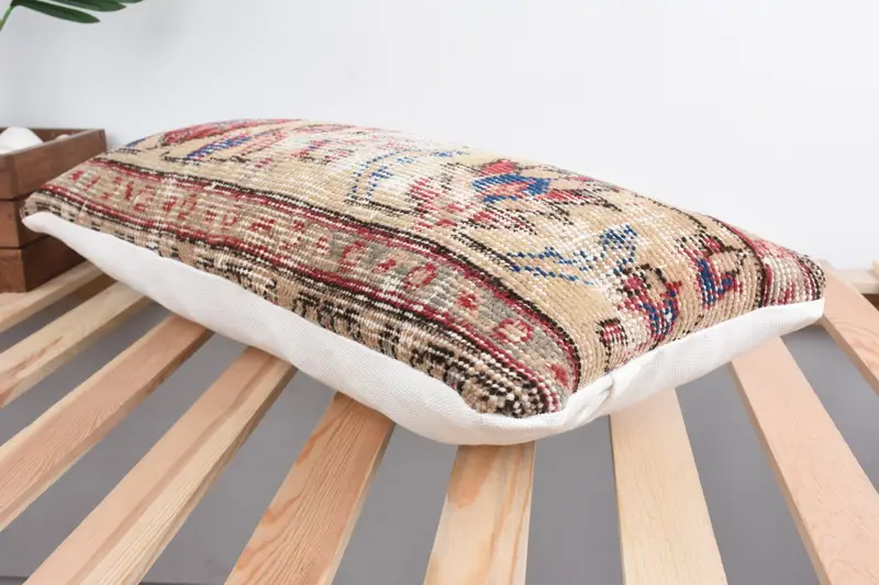 Boho Pillow Sham Cover, Turkish Pillow, Square Throw Cushion Case, 12x24 Beige Cushion Case, Pillow Sham, Knitted Cushion, Throw Kilim Pillow - 6