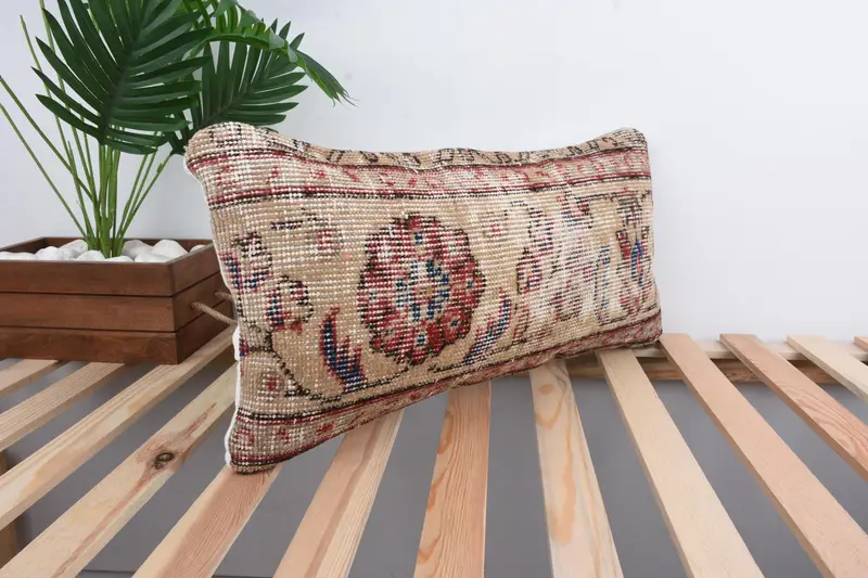 Boho Pillow Sham Cover, Turkish Pillow, Square Throw Cushion Case, 12x24 Beige Cushion Case, Pillow Sham, Knitted Cushion, Throw Kilim Pillow - 4