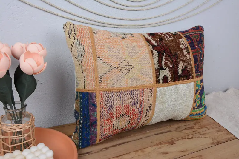 Ethnical Kilim Rug Pillow, Handmade Kilim Cushion, Pillow Case, 16x24 Beige Pillow Sham, Car Pillow Sham, Home Decor Pillow, Floor Pillow - 1