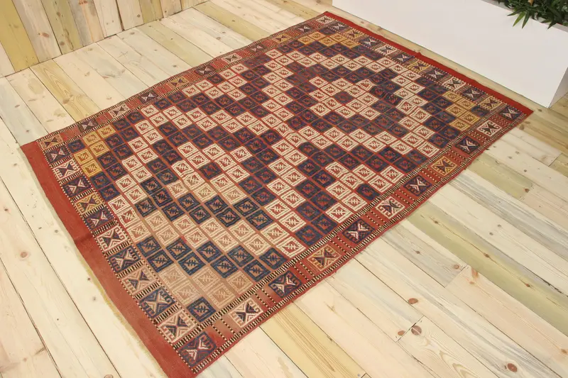 4.8x6.9 ft Alan Vintage Halı, Kırmızı Puantiyeli Türk Halısı - 1