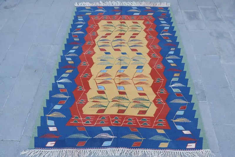 5.3x7.5 ft Yellow & Blue Rug, Vibrant Plant & Tree Pattern