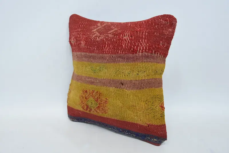 Ethnical Kilim Rug Pillow, Turkish Kilim Pillow, Kilim Pillow Cover, 12x12 Red Pillow Cover, Oriental Pillow Case, Cushion - 4