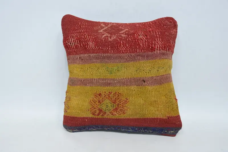 Ethnical Kilim Rug Pillow, Turkish Kilim Pillow, Kilim Pillow Cover, 12x12 Red Pillow Cover, Oriental Pillow Case, Cushion - 1