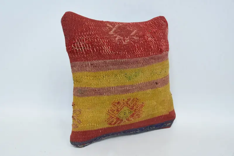 Ethnical Kilim Rug Pillow, Turkish Kilim Pillow, Kilim Pillow Cover, 12x12 Red Pillow Cover, Oriental Pillow Case, Cushion - 3