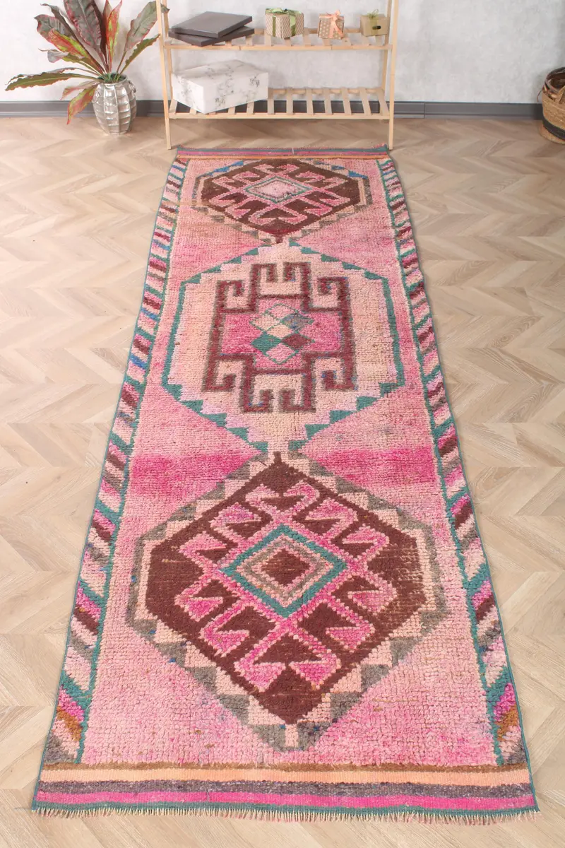 3.2x10.5 ft Rug, Turkish Vintage Rug, Herki Pink Geometric Rug - 1