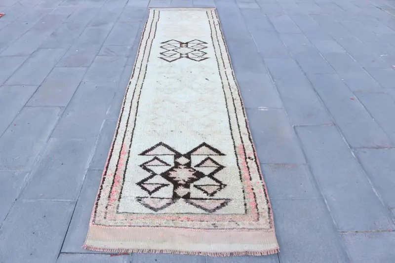 Vintage Rug, Runner 2.7x11.6 ft Rug, Herki White Bordered Rug - 1