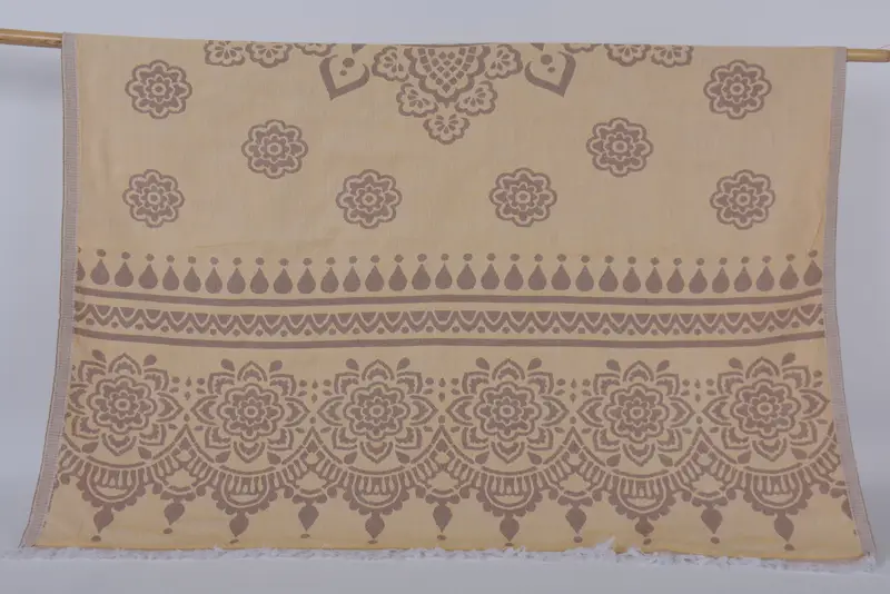 Beach Towel Monogrammed Turkish Organic Cotton Light Yellow-Brown Floral, 70x40 Inches