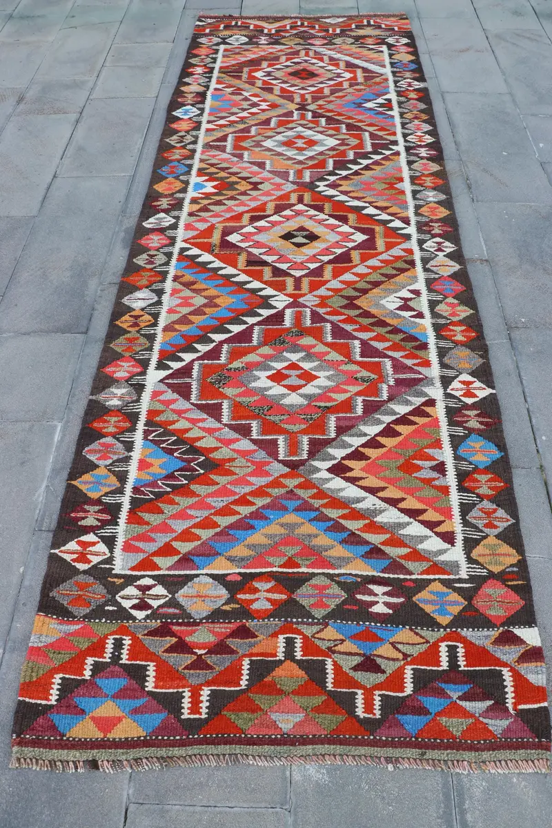 Red & Brown Rug, 3,5x11 ft Geometric Floral Design