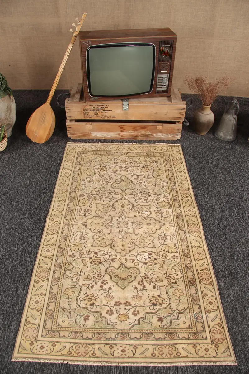 Turkish 3.3x5.5 ft Rug, Accent Vintage Rug, Brown Yellow Bordered Wool Rug - 1