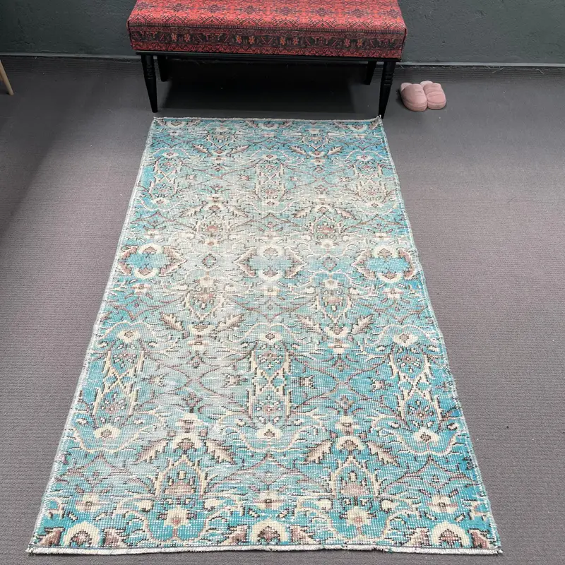 3.6x6.6 ft Accent Vintage Turkish Rug, Blue Wool Rug - 1