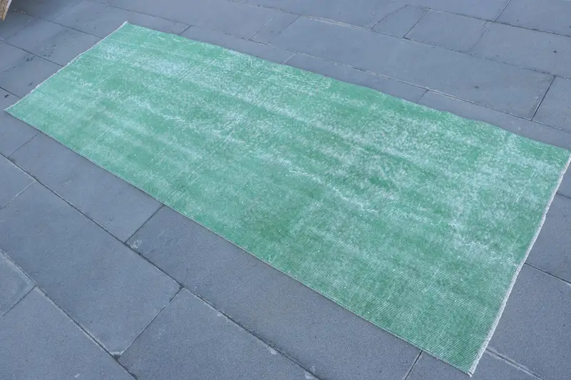 Vintage Turkish Rug, 3x8.2 ft Oushak Rug, Green Striped Wool Rug - 1