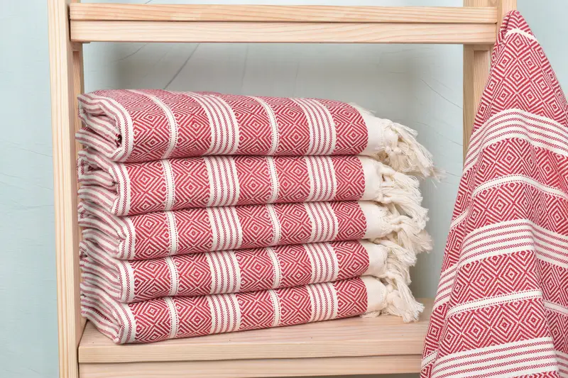 Personalized Red Cotton Towel with Beige, 38x69 Inches