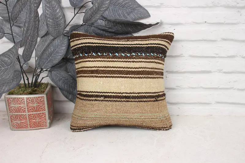 Armchair Pillow Sham, Turkish Pillow, Wool Kilim Pillow Pillow Sham, 12x12 Beige Pillow Case, Pillow Sham, Throw Kilim Pillow, Turkish Kilim Pillow - 1