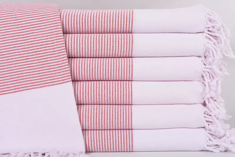 Handmade Beach Towel, Red Striped Turkish Cotton, 70x36 Inches