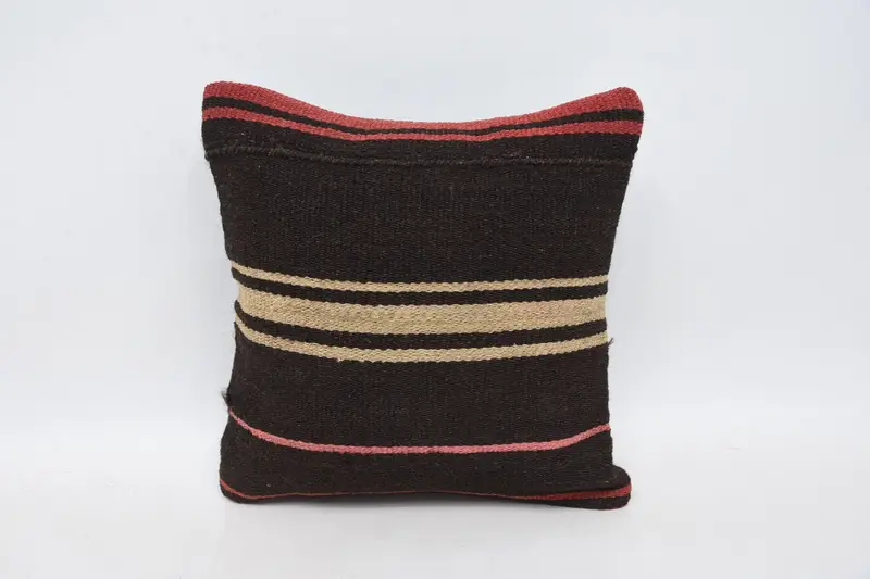 Striped Brown Vintage Pillow, Moroccan 5x5 inch Wool Pillowcase - 1