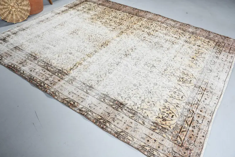 7.3x9.1 ft Vintage Halı, Türk Büyük Halı, Beyaz Kahverengi Kamuflaj Halı - 1
