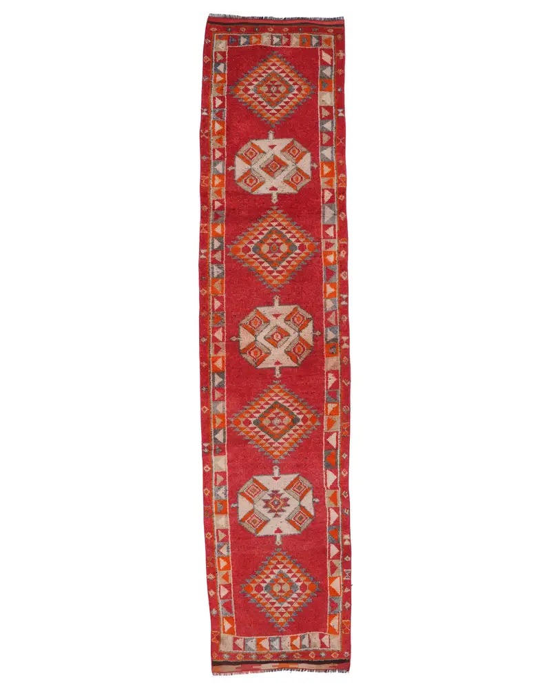 Kırmızı ve Turuncu Halı, 2,8x13 ft Geometrik Çiçek Desenli