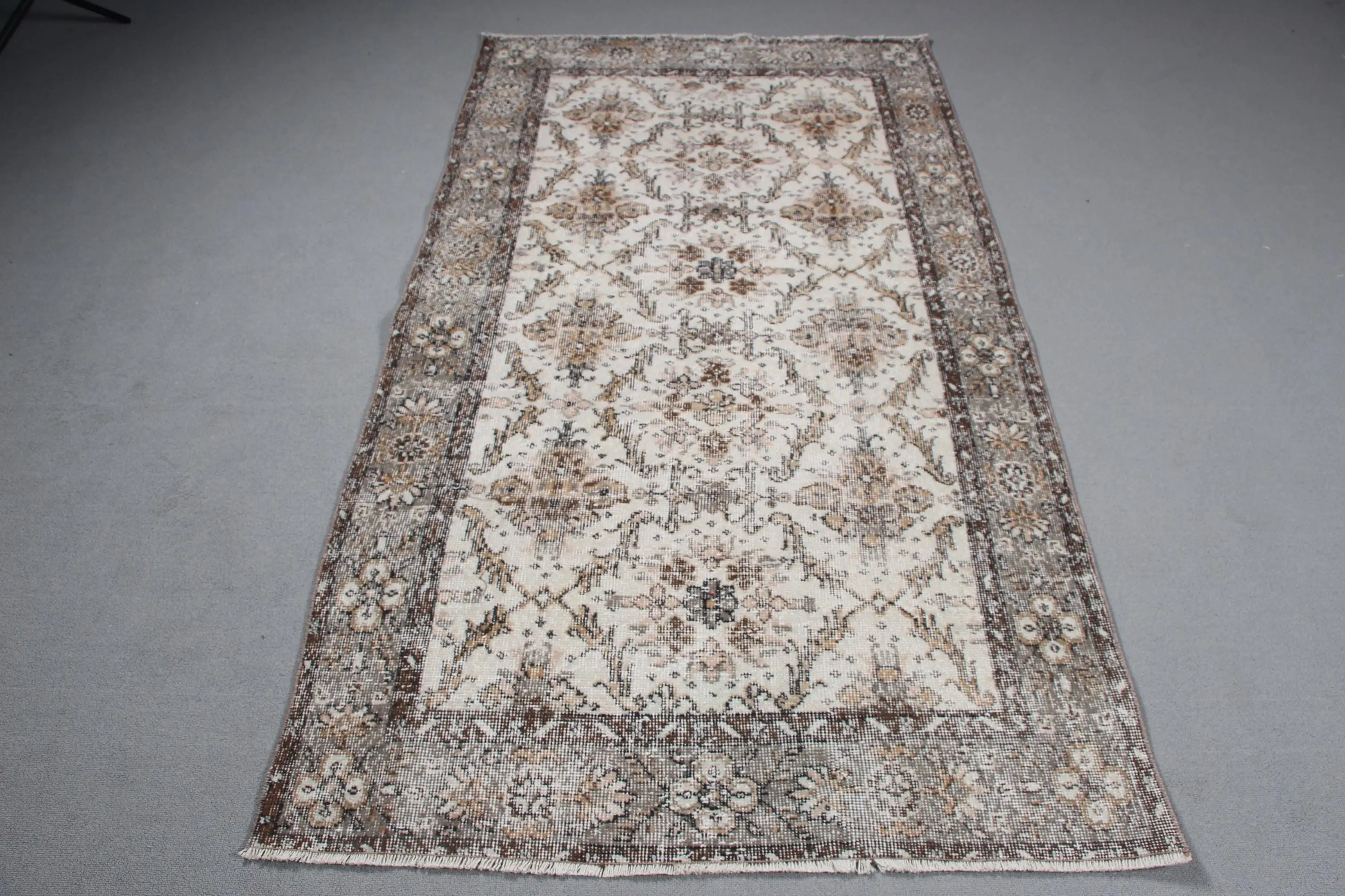 Rug, 3.7x6.9 ft Turkish Rug, Brown Check Rug Wool - 1