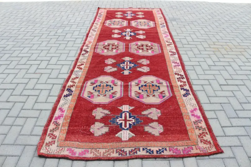Vintage Türk Yolluk Halısı 4.7x12.2 ft, Kırmızı Mavi Çiçekli Yün Halı - 1
