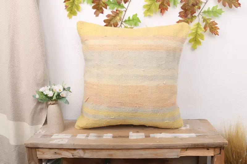 Handgefertigtes besticktes Kissen, Vintage braun & beige gestreiftes Kissen