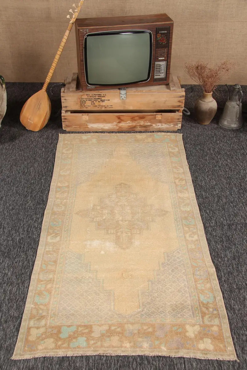 Alfombra turca vintage Oushak de 3,2 x 6,4 pies, alfombra de lana de camuflaje con acento marrón - 1
