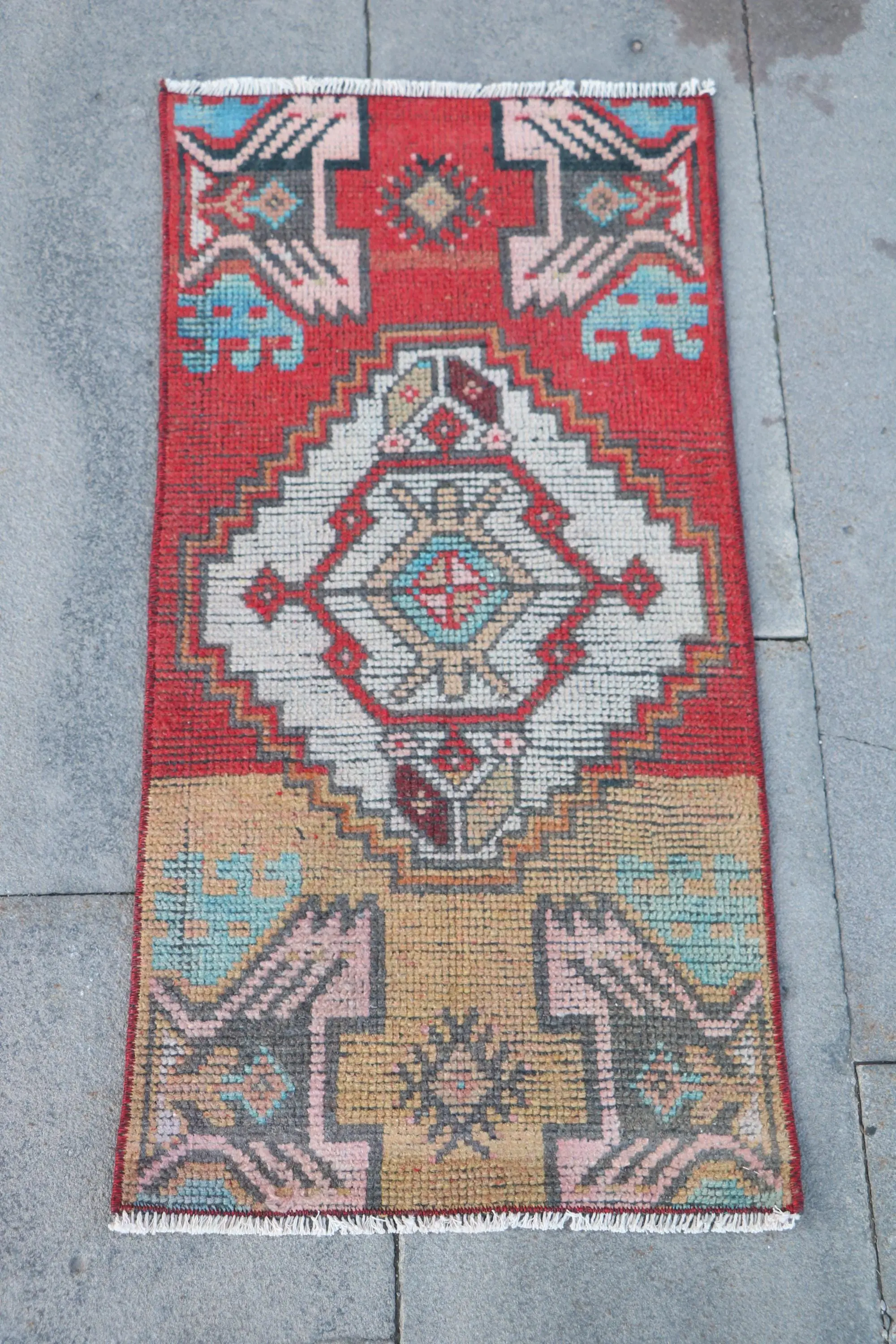 Turkish Small Rug 1.4x2.7 ft, Vintage Red Patchwork Wool Rug - 1