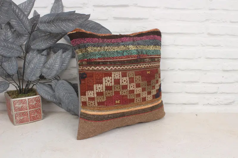 Turkish Pillow, Vintage Kilim Pillow, Cushion Cover, 16x16 Red Cushion Case, Pillow for Sofa, Hippie Throw Pillow Case, Oriental Pillow - 3