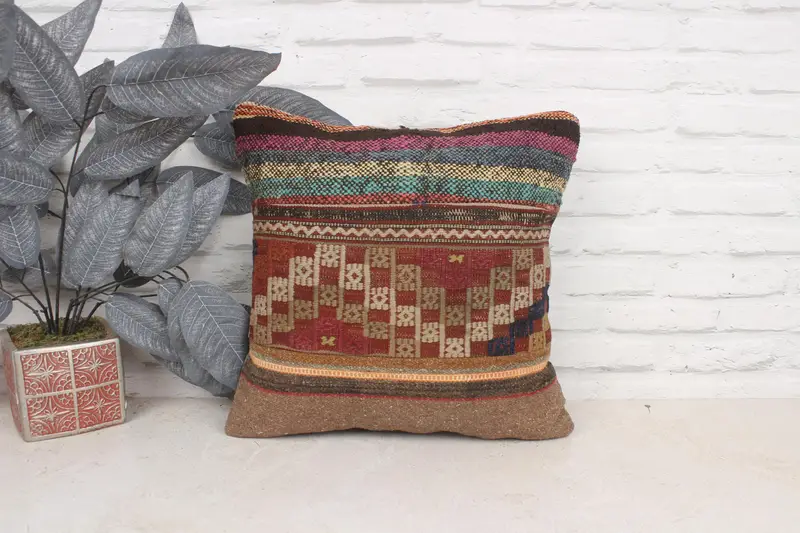Turkish Pillow, Vintage Kilim Pillow, Cushion Cover, 16x16 Red Cushion Case, Pillow for Sofa, Hippie Throw Pillow Case, Oriental Pillow - 1