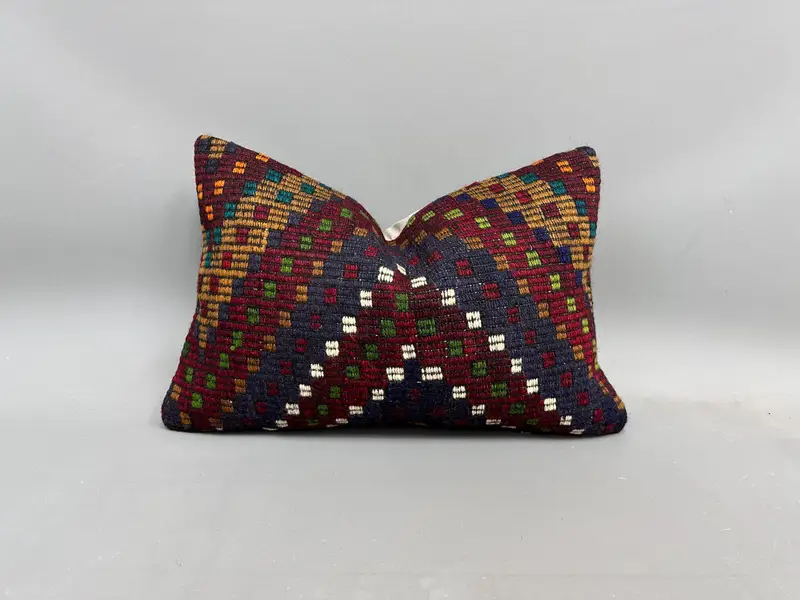 Almohada de lanzamiento Kilim azul y amarillo, cojín vintage de 16x24 pulgadas