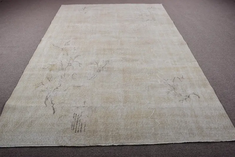 Vintage Oushak Halı 6.7x9.8 ft, Beyaz Gri Soyut Yün Türk Halısı - 1