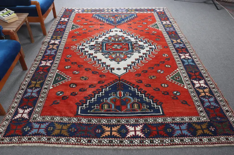 6.7x9.6 ft Rug, Vintage Turkish Rug, Oushak Red Ikat Rug - 1