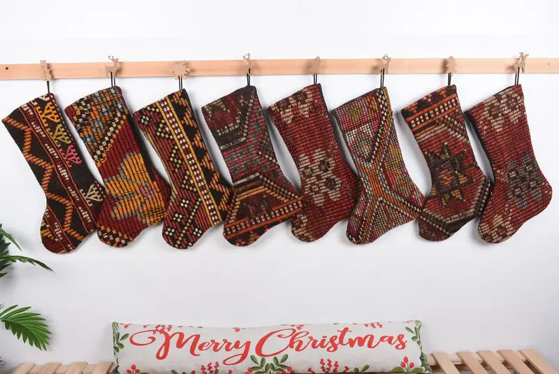 Festive Christmas Ornaments Pattern, Brown and Red 8-Inch Stocking