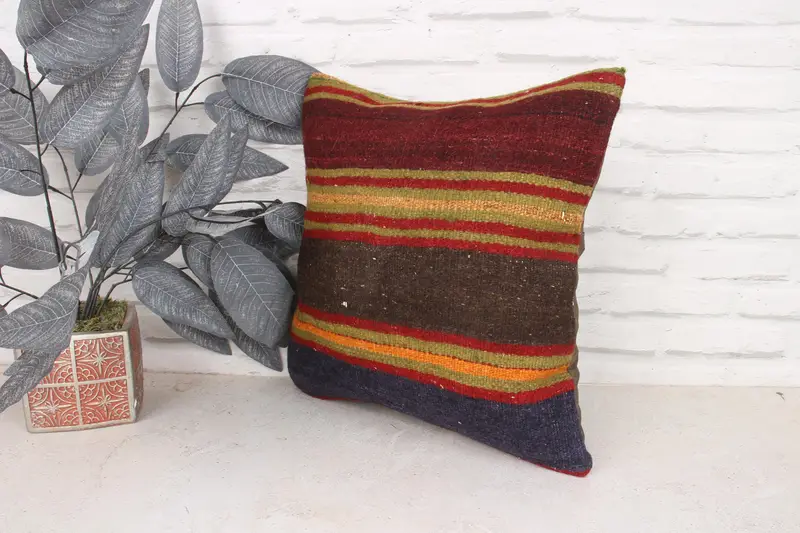 Boho Pillow Sham Cover, Handmade Rug Seat Cushion Cover, One Of A Kind Cushion Case, Vintage Pillow, Kilim Cushion Sham, 16x16 Red Pillow, Cushion - 4