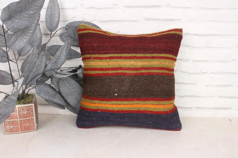 Boho Pillow Sham Cover, Handmade Rug Seat Cushion Cover, One Of A Kind Cushion Case, Vintage Pillow, Kilim Cushion Sham, 16x16 Red Pillow, Cushion - 1