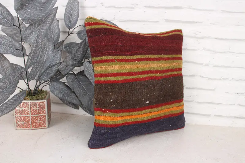Boho Pillow Sham Cover, Handmade Rug Seat Cushion Cover, One Of A Kind Cushion Case, Vintage Pillow, Kilim Cushion Sham, 16x16 Red Pillow, Cushion - 3