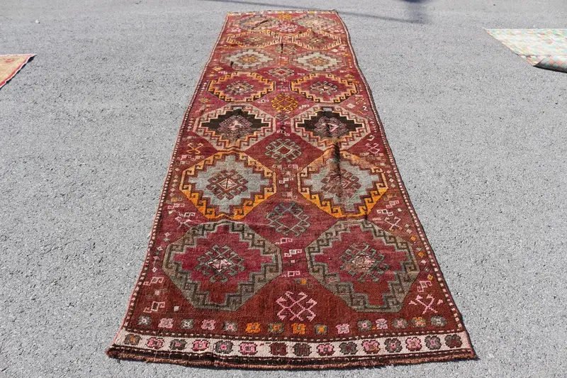 Türk Yolluk Halısı 3.9x13.5 ft, Kırmızı Kahverengi Bitkiler ve ağaçlar Halı Yünü - 1
