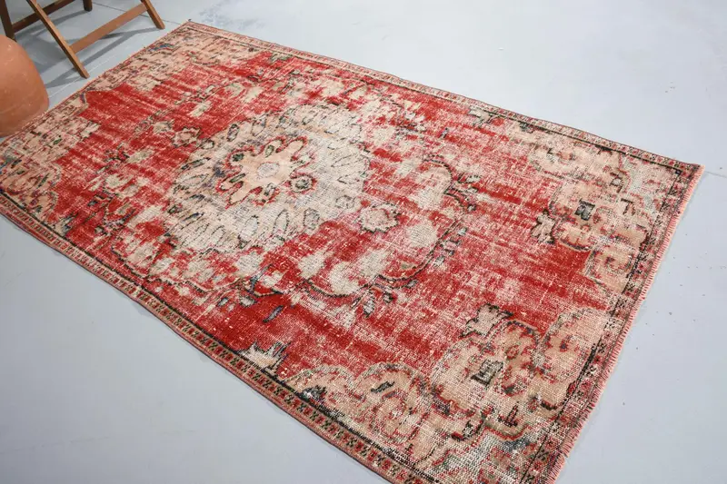 4.5x8.2 ft Oushak Vintage Rug, Red Polka dot Turkish Rug Wool - 1