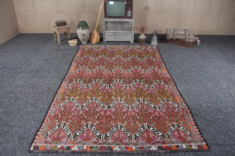 Alfombra Oushak vintage turca de 6,4x10,9 pies, alfombra roja de lana a cuadros grandes - 1