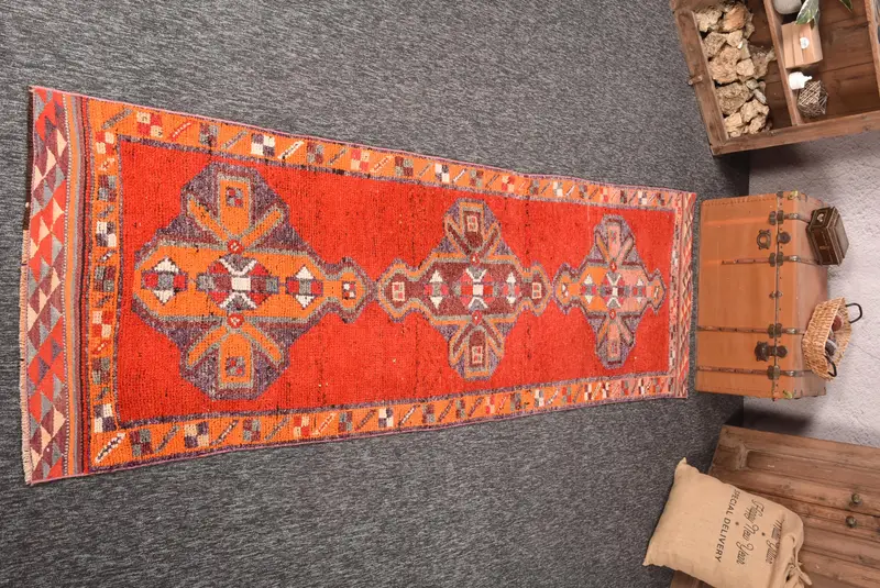 3.1x10.3 ft Turkish Herki Rug, Red Geometric Vintage Wool Rug - 1