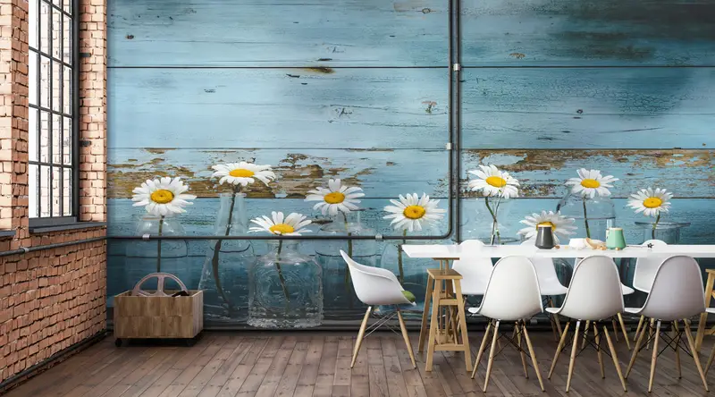 Daisy Flower In Glass Bottles,Wall Paper Peel and Stick,Modern Wall Paper,Flower Mural,Custom Wall Paper,Daisy Photo Mural, - 1