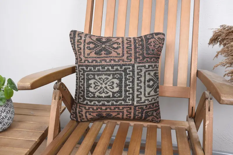 Small Square Turkish Pillow, Brown Home Decor Gift 14x14 inch Pillowcase - 1