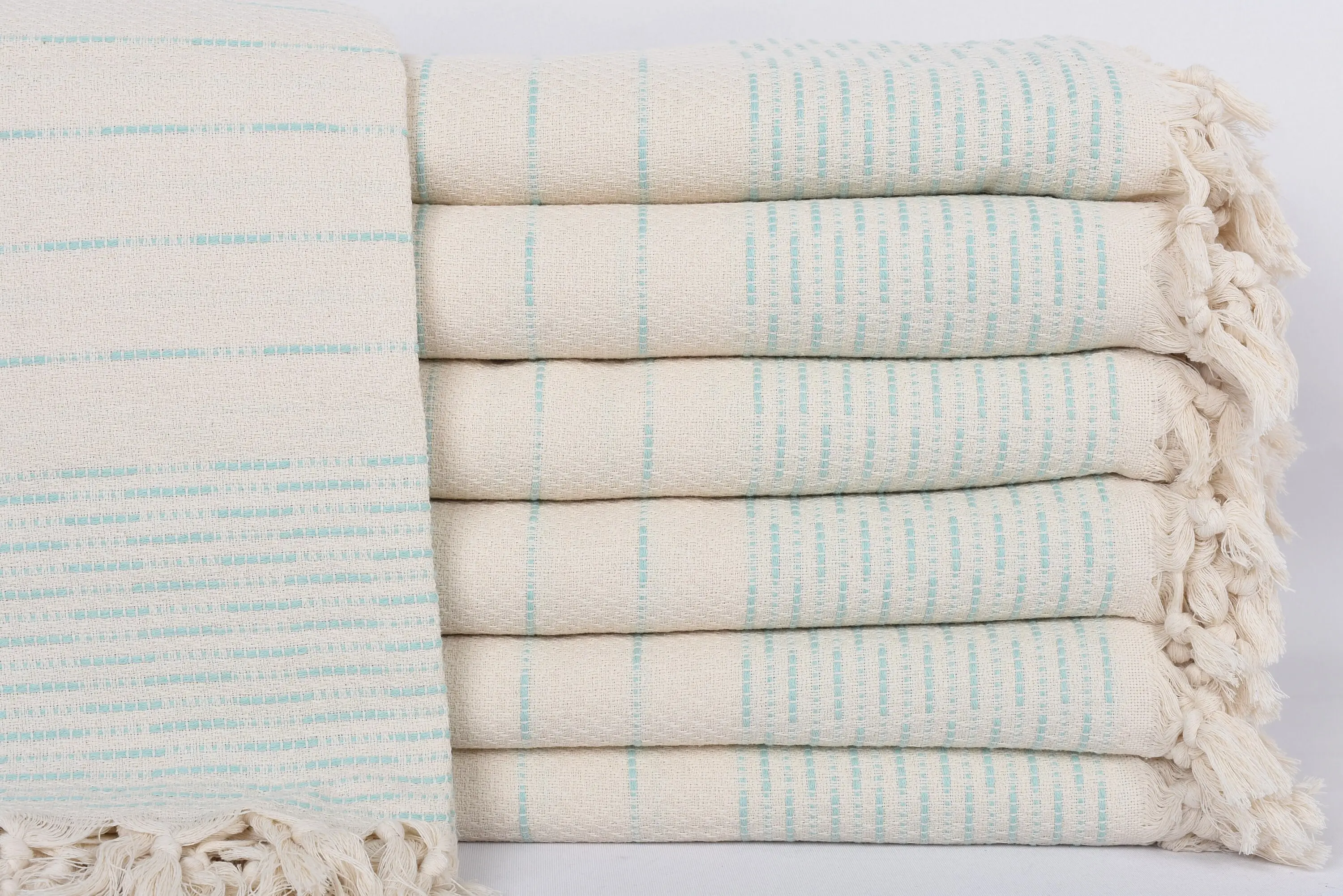 Turkish Monogram Throw, Organic Cotton, Mint Striped, 97x91 Inches - 1