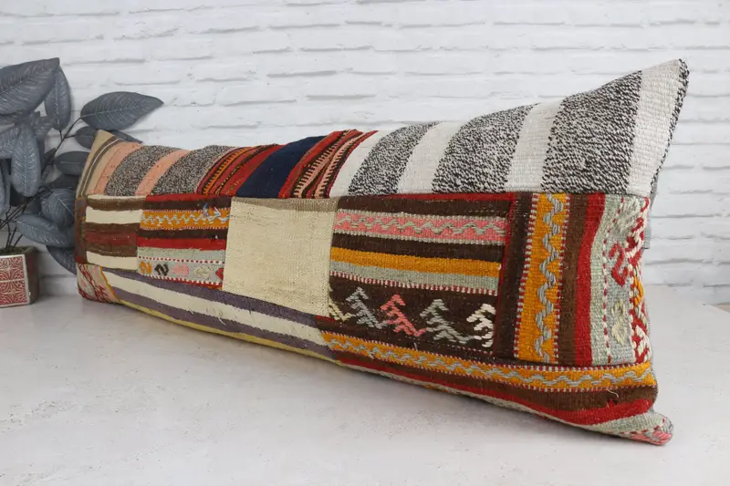 Vintage Pillow, Cushion Case, Aztec Pillow Cover, Handmade Kilim Cushion, 16x48 Beige Pillow, Meditation Pillow Case, Vintage Kilim Pillow - 4