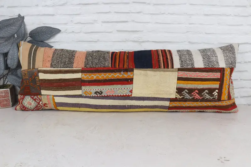Vintage Pillow, Cushion Case, Aztec Pillow Cover, Handmade Kilim Cushion, 16x48 Beige Pillow, Meditation Pillow Case, Vintage Kilim Pillow - 1