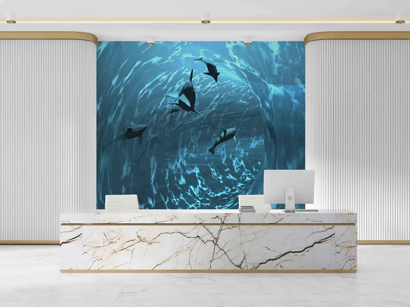3D Paper Art, Sea Landscape Paper Craft, Animal Paper Art, Blue Wall Mural, Aquarium Paper Craft, Paper Cutting Art, Accent Wall, - 3